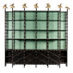 Libreria Corniglia Bamboo grande laccata nera lucida con pannelli verde acqua