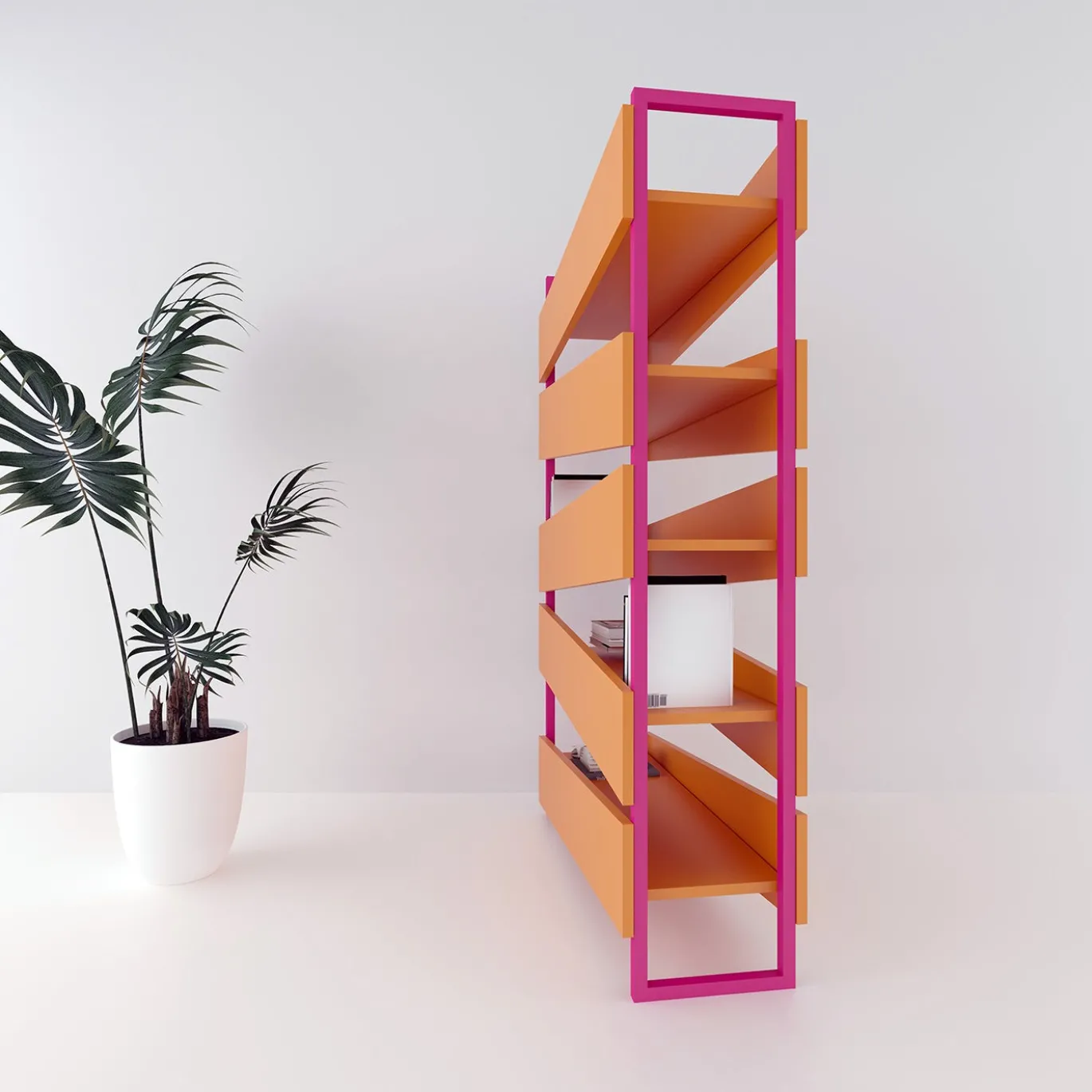 Libreria M19 in legno laccato arancione e metallo