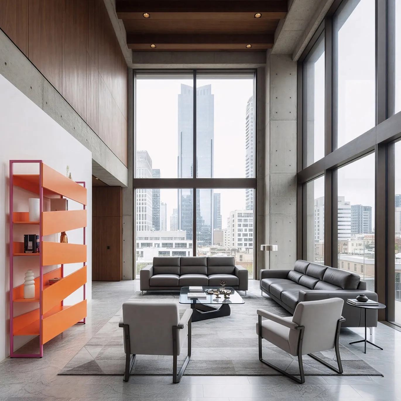 Libreria M19 in legno laccato arancione e metallo