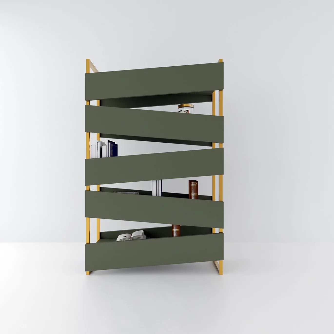 Libreria M19 in legno laccato verde e metallo