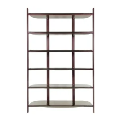 Libreria Petra in metallo rosso con mensole in vetro bronzo curvato