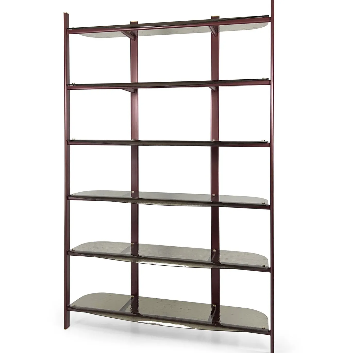 Libreria Petra in metallo rosso con mensole in vetro bronzo curvato
