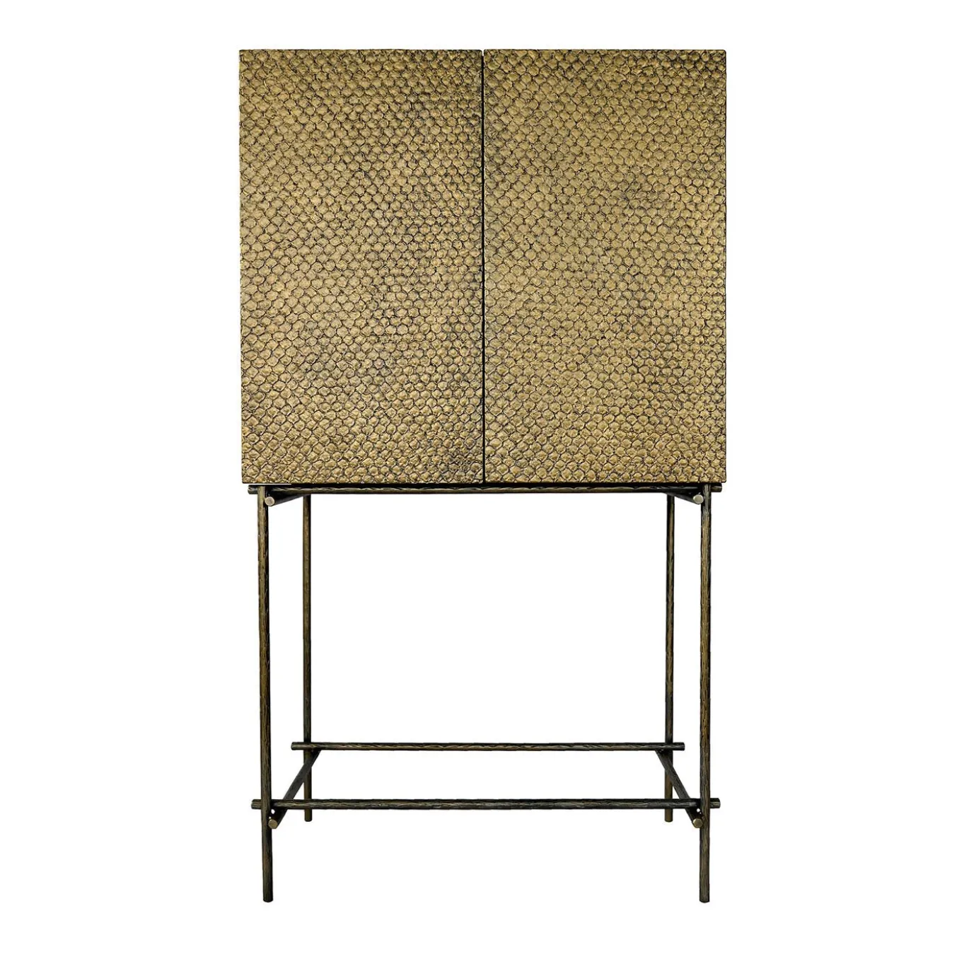 Mobile bar con finitura a squama dorata e base in ferro