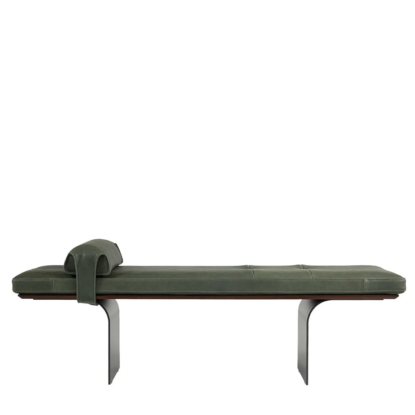 Panca Minerva in pelle verde con base metallica curva