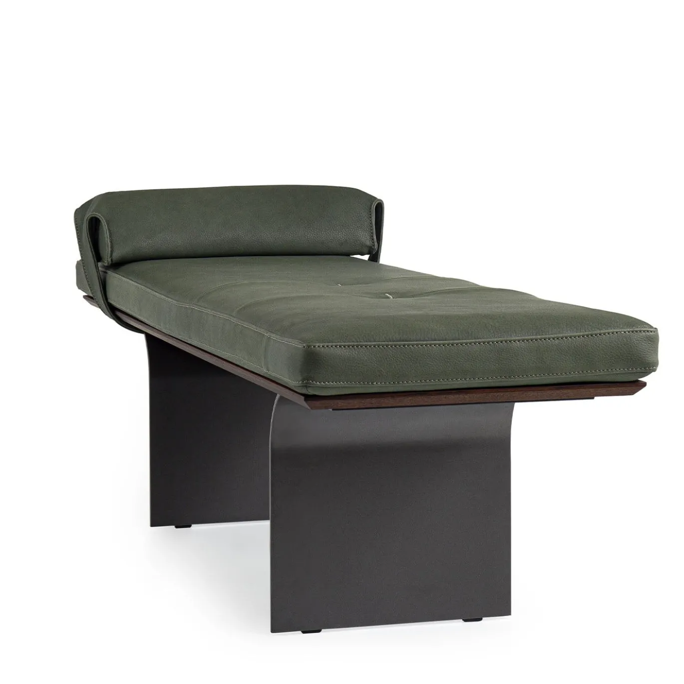 Panca Minerva in pelle verde con base metallica curva