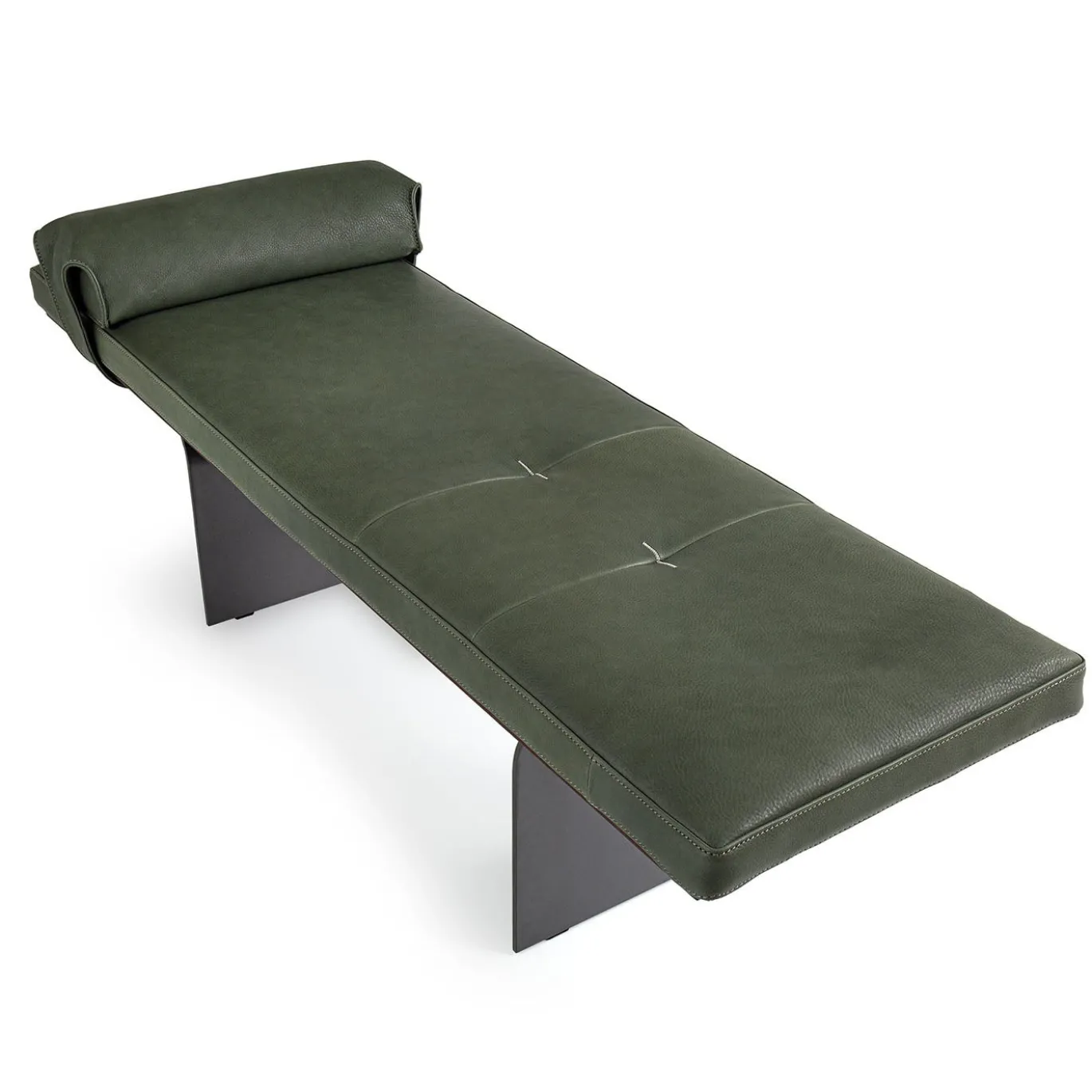 Panca Minerva in pelle verde con base metallica curva