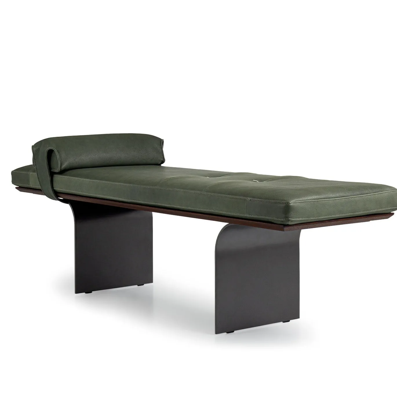 Panca Minerva in pelle verde con base metallica curva