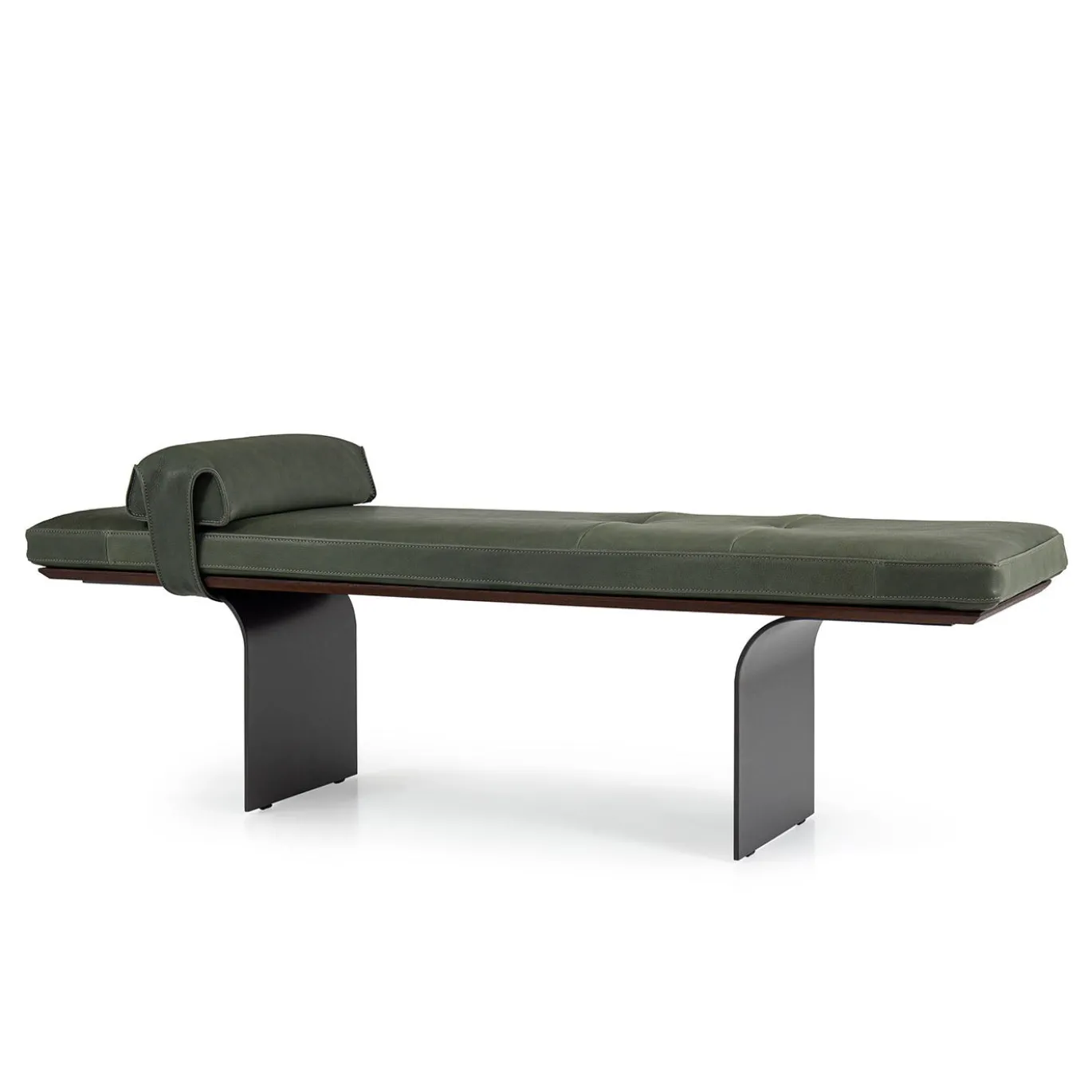 Panca Minerva in pelle verde con base metallica curva