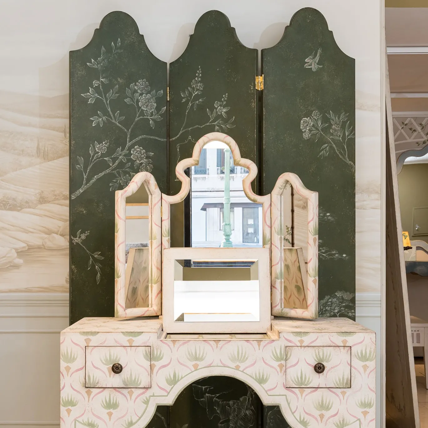 Paravento Moro Verde Scuro con Motivo Chinoiserie