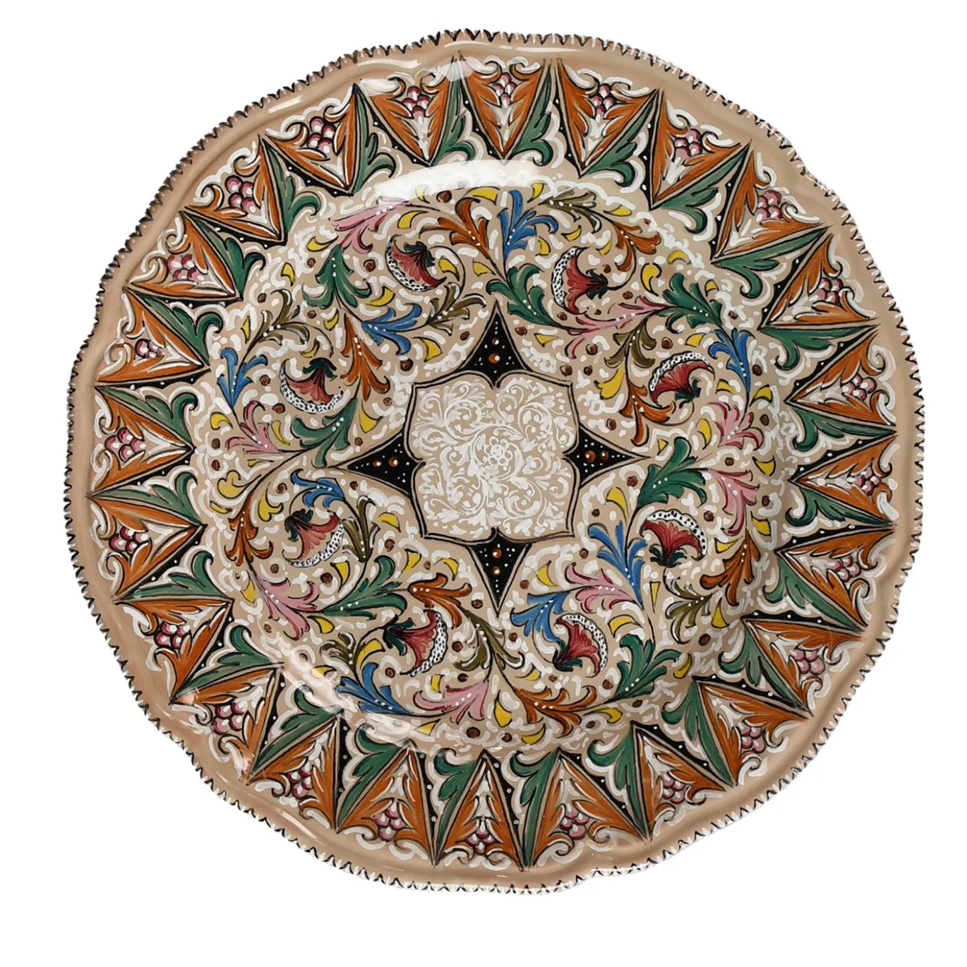 Piatto decorativo in ceramica policroma con motivo botanico