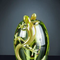 Piccolo vaso verde con 2 gechi