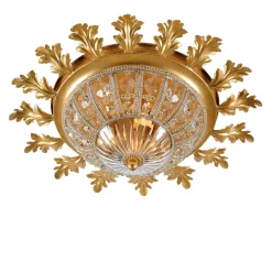 Plafoniera a 3 luci in metallo con foglia d'oro e cristallo con motivo a foglie