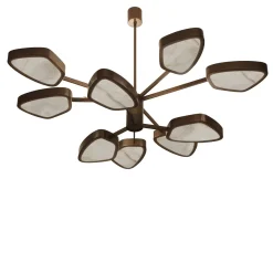 Pluma lampadario in ottone a 9 luci con diffusori in alabastro