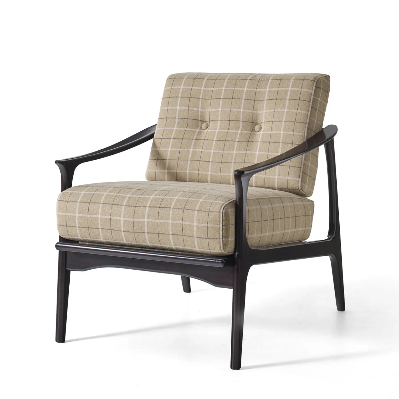 Poltrona a righe beige con struttura in legno