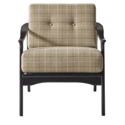 Poltrona a righe beige con struttura in legno