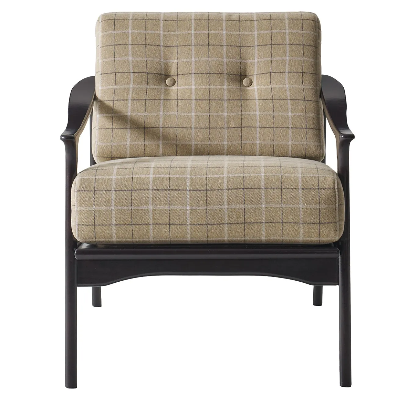 Poltrona a righe beige con struttura in legno