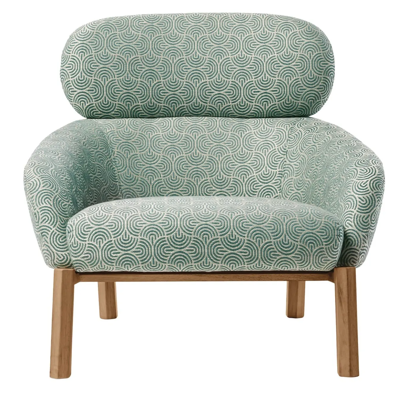 Poltrona Elton in tessuto verde e legno di faggio di Francesca Lanzavecchia