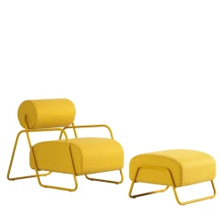 Poltrona lounge Kate Spark in tessuto tweed giallo con poggiapiedi