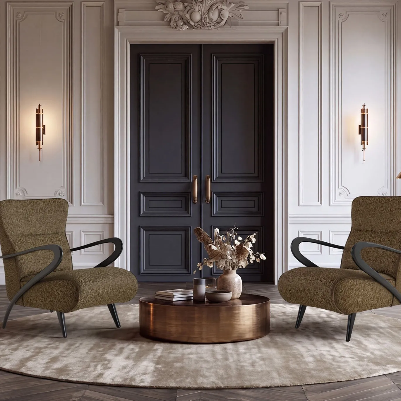 Poltrona Rossella marrone con struttura in legno laccato moka