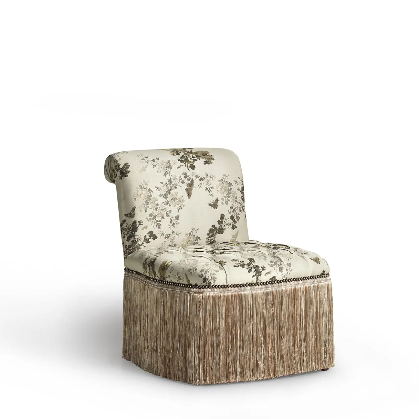 Poltrona Sipario in tessuto floreale con frange