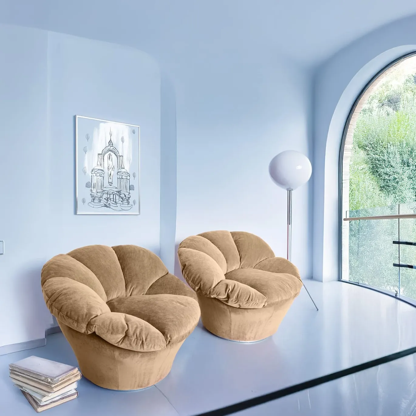 Poltrona Twelve Round in velluto beige caramello