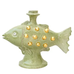 Portacandela Zoomorfo Pesce In Ceramica Verde