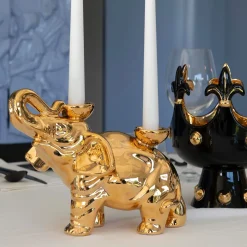 Portacandele in Ceramica Fiamme Bestiali Elefante Dorato