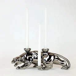 Portacandele in Ceramica Fiamme Bestiali Pantera Platino
