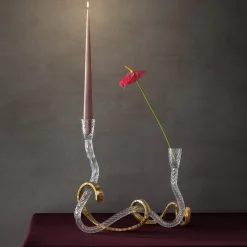 Portacandele Ribbon in vetro di Murano trasparente e ottone curvato a mano