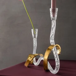 Portacandele Ribbon in vetro di Murano trasparente e ottone curvato a mano