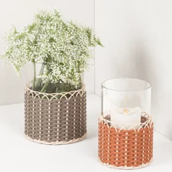 Portacandele Wideville in pelle e rattan - Grande