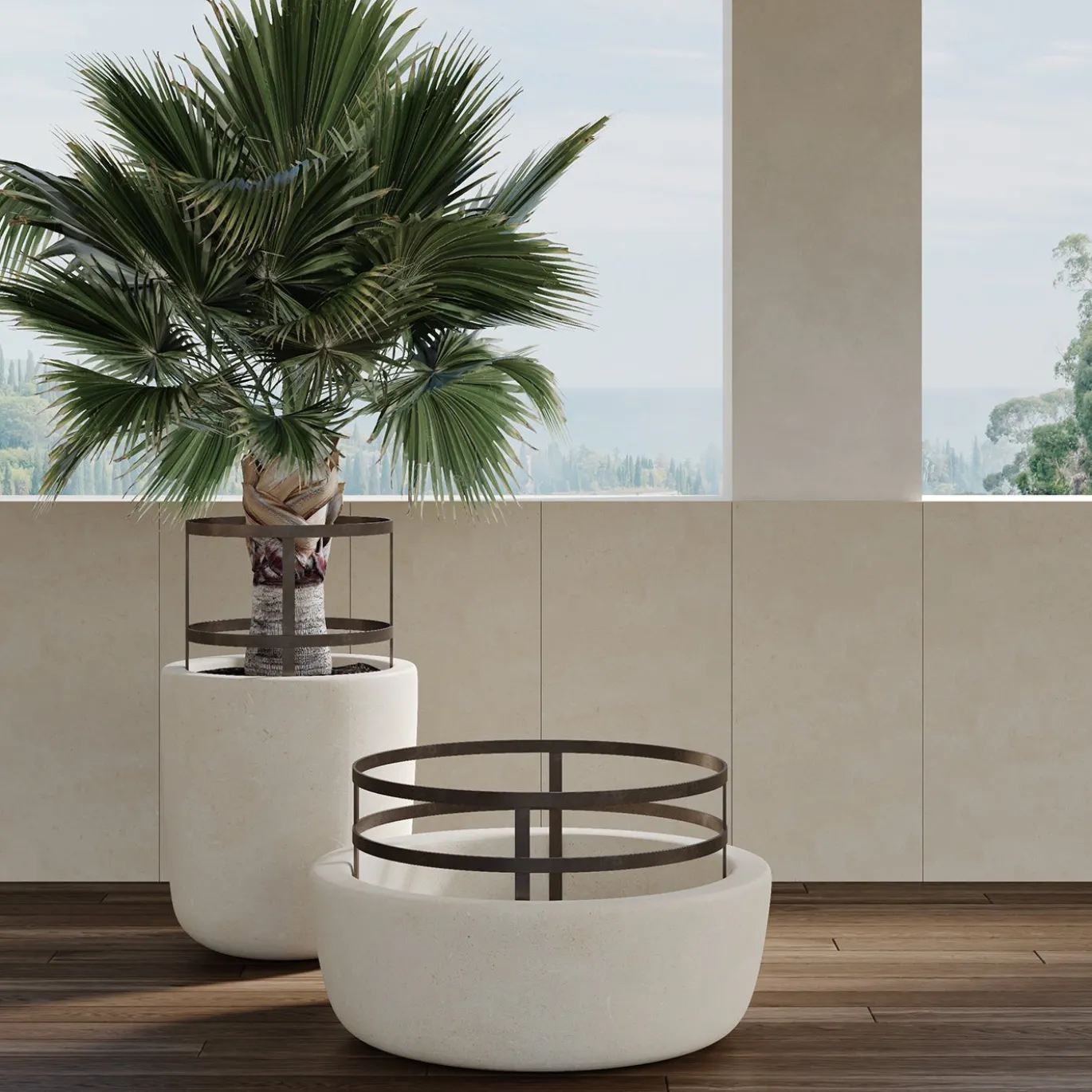 Portavaso in pietra beige e ferro Piro A