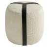 Pouf Alto Brooklyn in Bouclé Bianco e Cinture in Pelle Nera