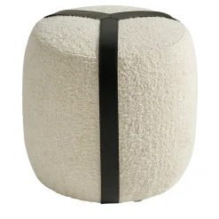 Pouf Alto Brooklyn in Bouclé Bianco e Cinture in Pelle Nera