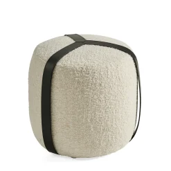 Pouf Alto Brooklyn in Bouclé Bianco e Cinture in Pelle Nera