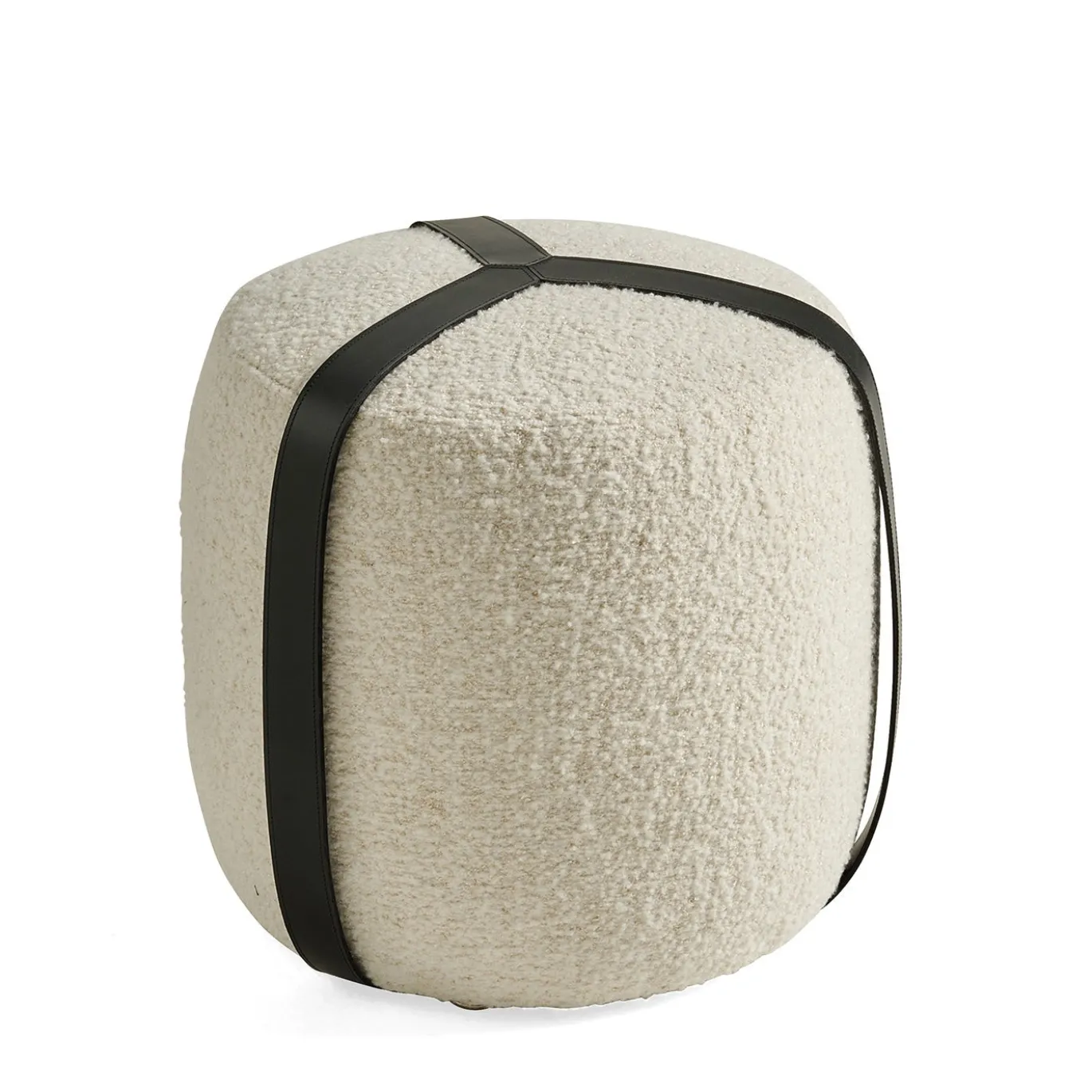 Pouf Alto Brooklyn in Bouclé Bianco e Cinture in Pelle Nera