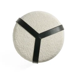Pouf Alto Brooklyn in Bouclé Bianco e Cinture in Pelle Nera