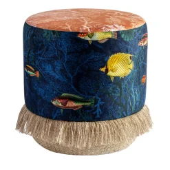 Pouf Amami con disegno marino e base in cesta