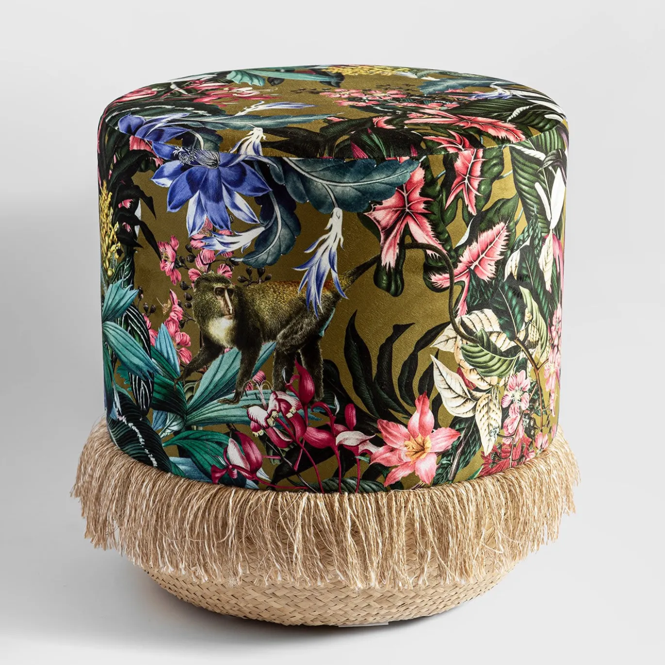 Pouf Animalia con vegetazione tropicale e animali base in cesta