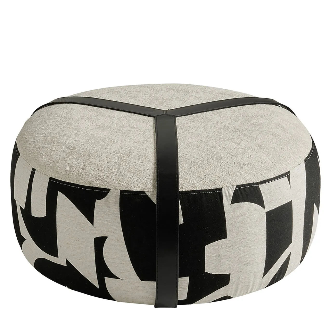 Pouf Brooklyn in Bouclé Bianco e Nero con Cinture in Pelle Nera
