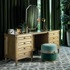 Pouf cilindrico in velluto verde con anello