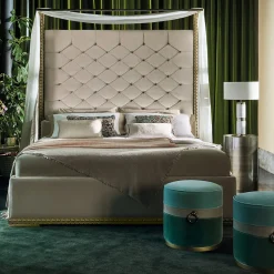 Pouf cilindrico in velluto verde con anello