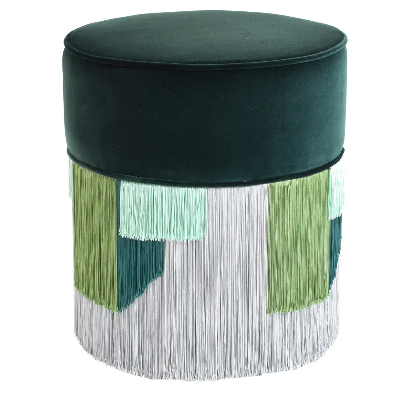 Pouf Couture verde scuro con frangia geometrica