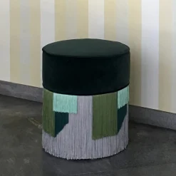 Pouf Couture verde scuro con frangia geometrica