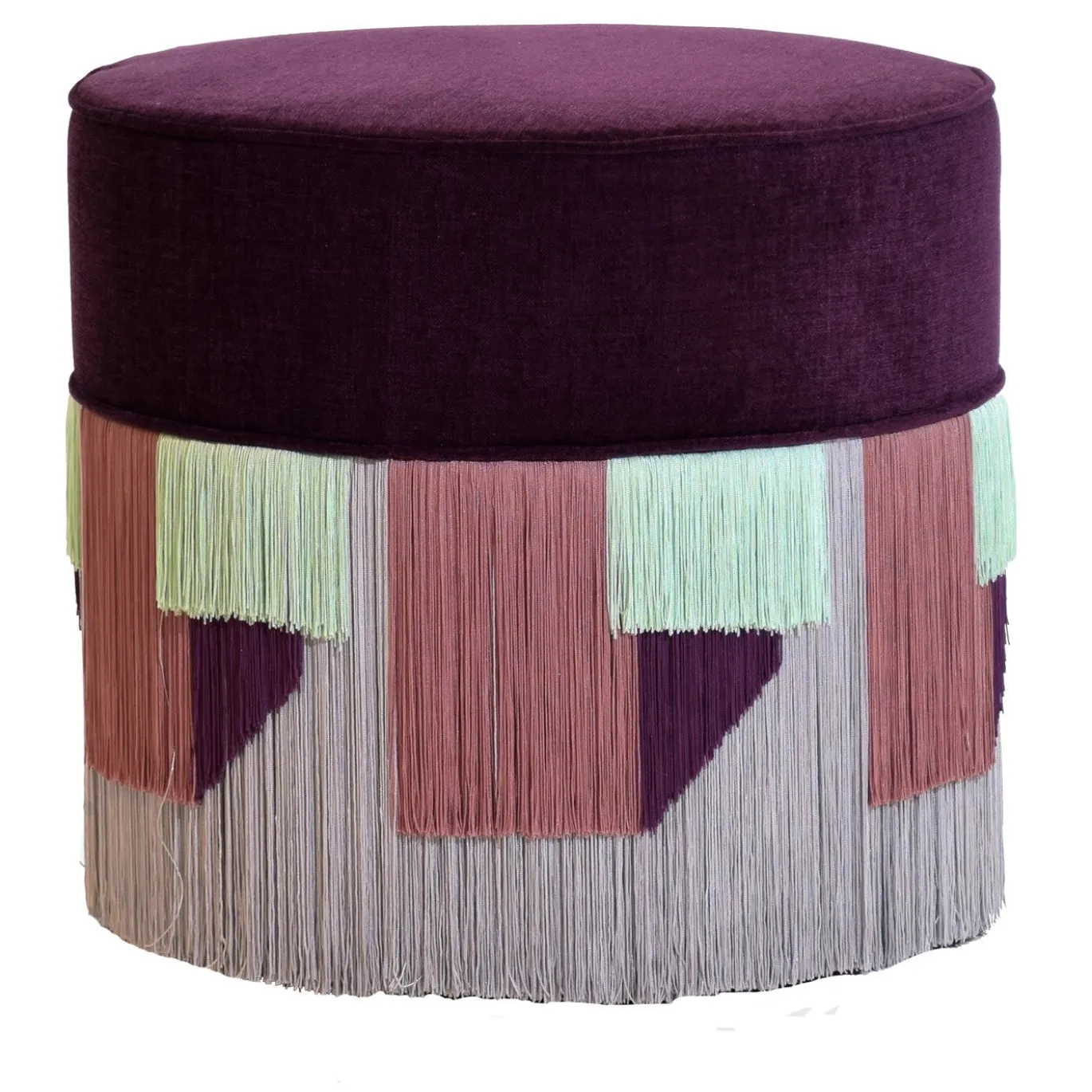 Pouf Couture viola con frangia geometrica