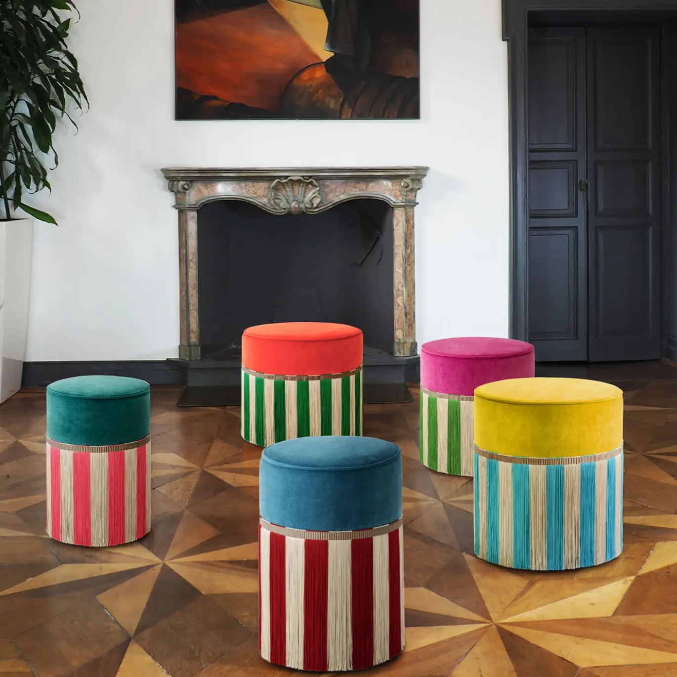 Pouf geometrico Couture Riga Medium rosa e verde