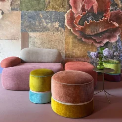 Pouf grande tondo in velluto beige e giallo