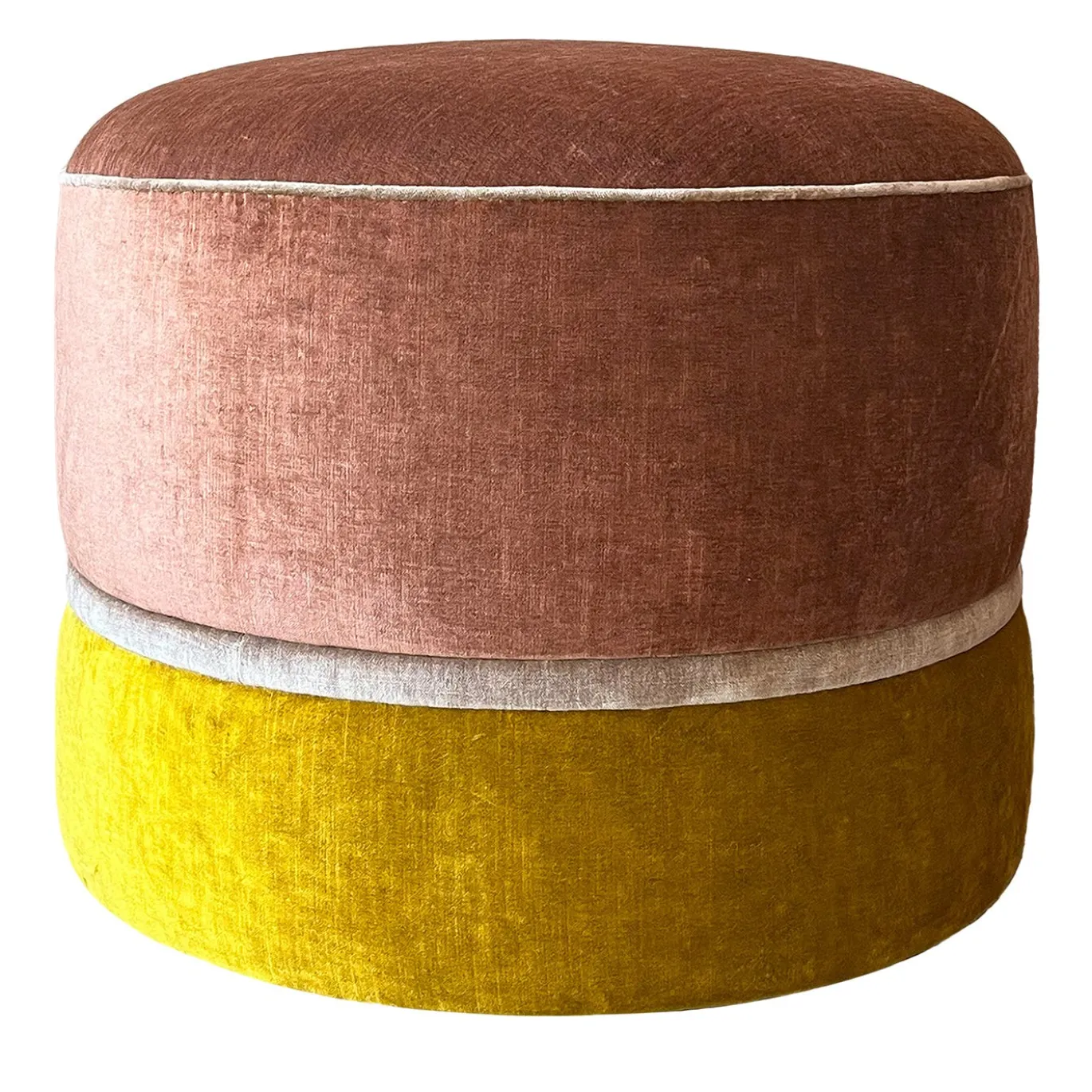 Pouf grande tondo in velluto beige e giallo