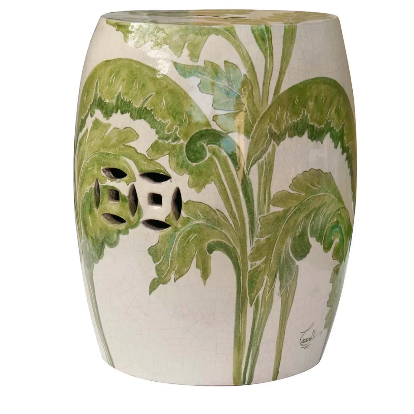 Pouf in ceramica con traforo di foglie di banano