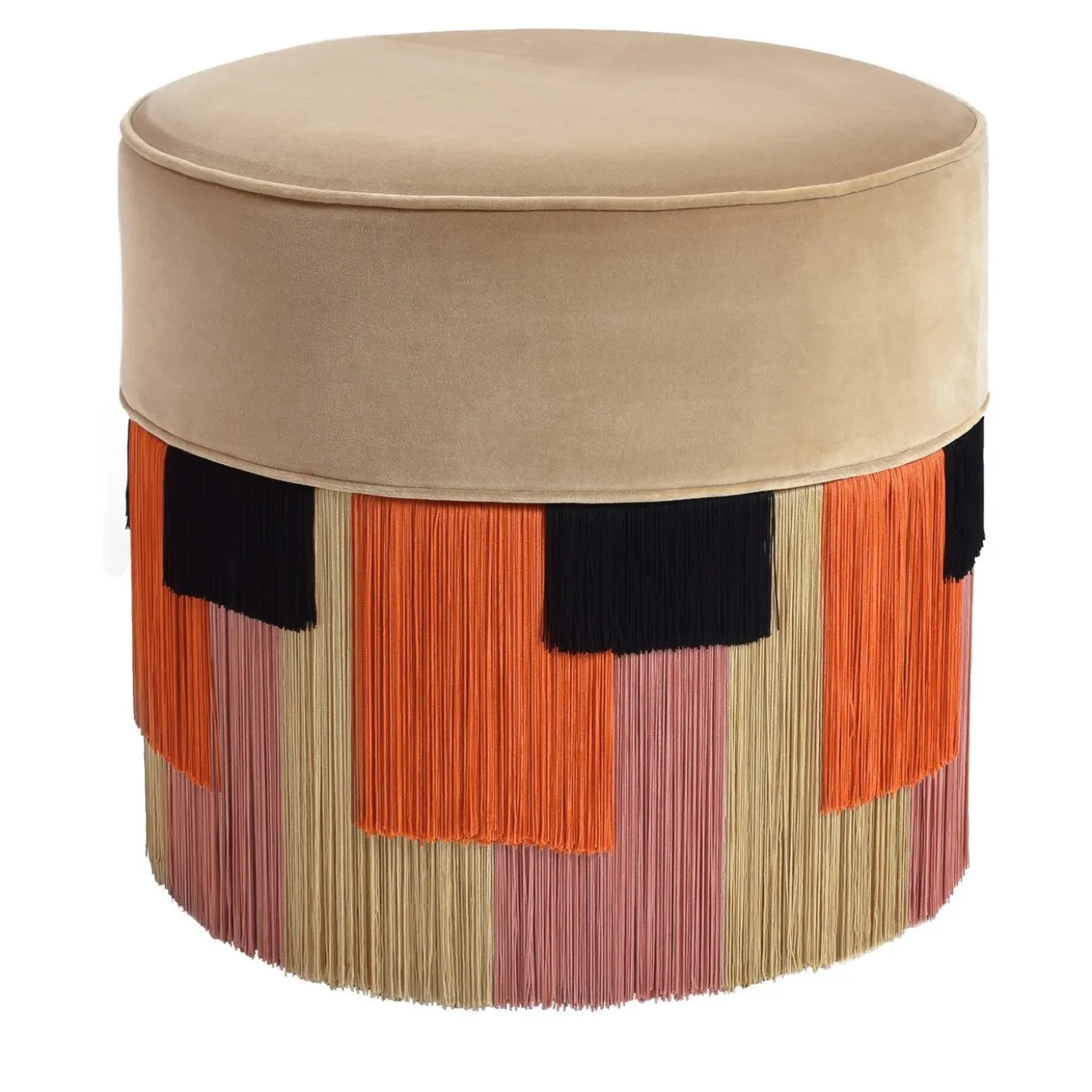 Pouf in legno cilindrico beige con frangia geometrica